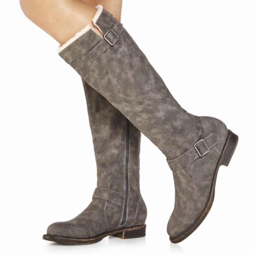 JustFab Size 9 Knee Boots Gray Faux Suede & Fur Zip Up Comfy Kestra EUC MSRP$62